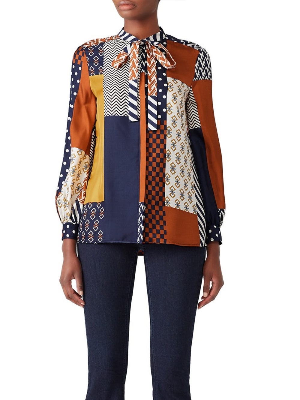 Tory Burch Geometric Vivian Patchwork Silk Blouse Size 2 Designer Pattern Luxury